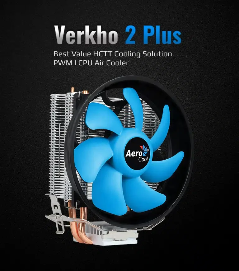 Кулер для процессора Aerocool Verkho 2 Plus Intel 1700/1200/115X/775/AM5/AM4/AM3+/AM3/AM2+/AM2/FM2/FM1, 115W, 120мм, 1000-2000 об/мин, 26.7 дБA, 4pin, 2 теплотрубки, Габариты 140 х 125 х 72 мм, Чёрный