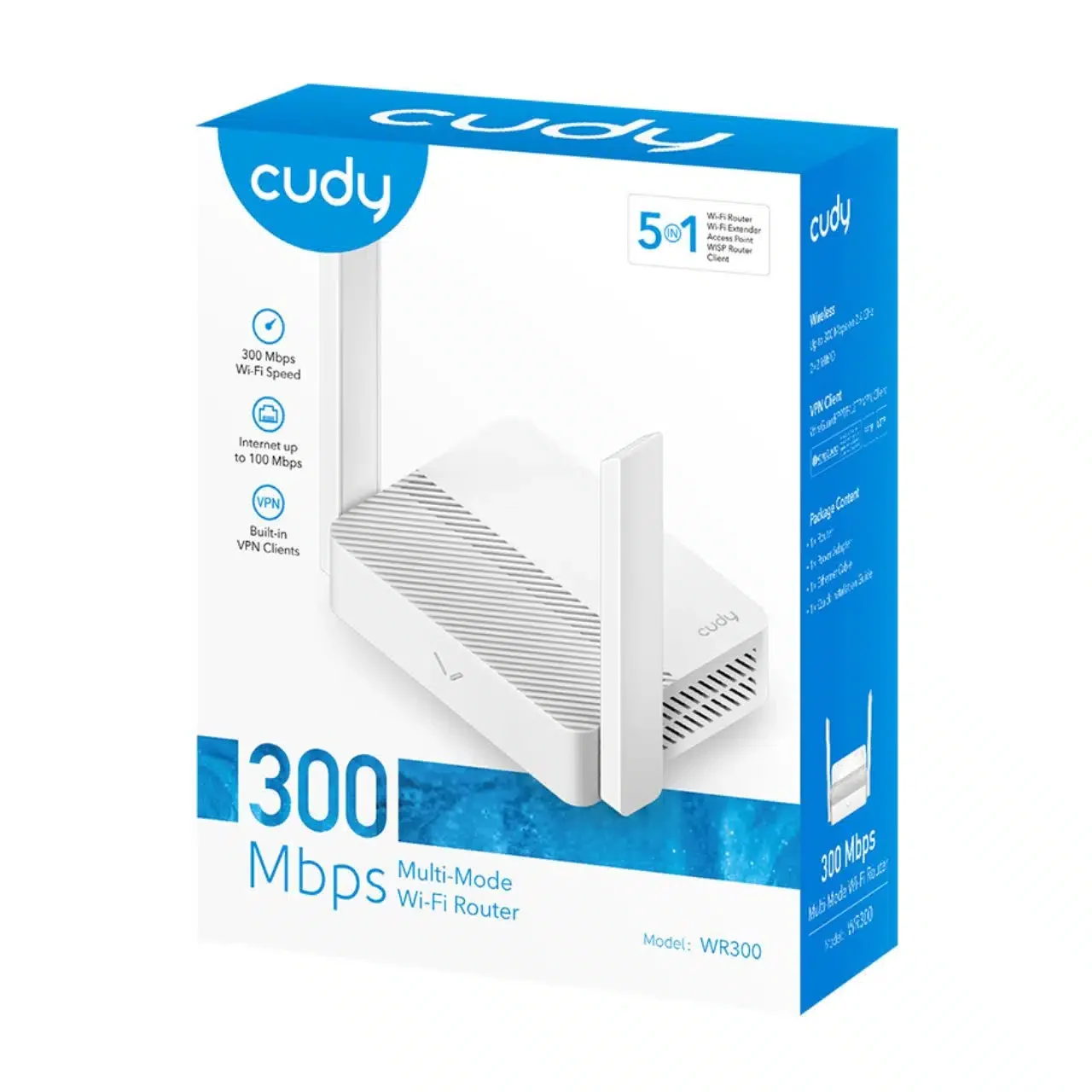 Беспроводной маршрутизатор Wi-Fi CUDY WR300 N300 режимы AP/RE/WISP/Mesh Satellite, 2.4GHz, 4xLAN 10/100 Mbp/s, 2 антенны, 2x2MIMO, IPTV