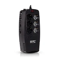 Стабилизатор (AVR) SVC AVR-1200-U, Мощность 1200ВА/600Вт, Диапазон работы AVR: 176-276В, Тип выходных разъёмов: Schuko х 6 шт., LED-индикаторы, Защита телефонной линии, Чёрный