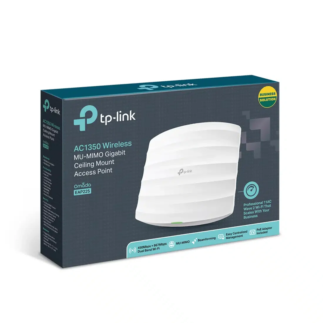 Wi-Fi точка доступа TP-Link EAP225, 2.4Ггц и 5 Ггц, AC1350, 802.11ac/n/g/b/a, 1 порт 10/100/1000 Мбит/с с PoE 802.3af, passiv PoE,