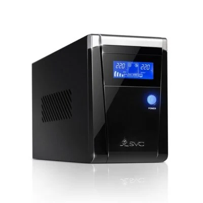 Источник бесперебойного питания SVC V-650-F-LCD, Smart, USB, Мощность 650ВА/400Вт, Диапазон работы AVR: 165-275В, Бат.: 12В/9 Ач*1шт., 3 вых.: 2 Shuko CEE7+1 IEC C13 (Bypass), Защита тел. линии, Чёрный