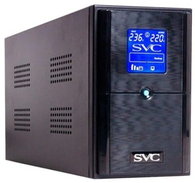 Источник бесперебойного питания SVC V-1500-L-LCD, Мощность: 1500ВА/900Вт, Диапазон работы AVR: 145-290В, Бат.: 12В/9 Ач*2шт., 3 вых.: Shuko CEE7, Чёрный
