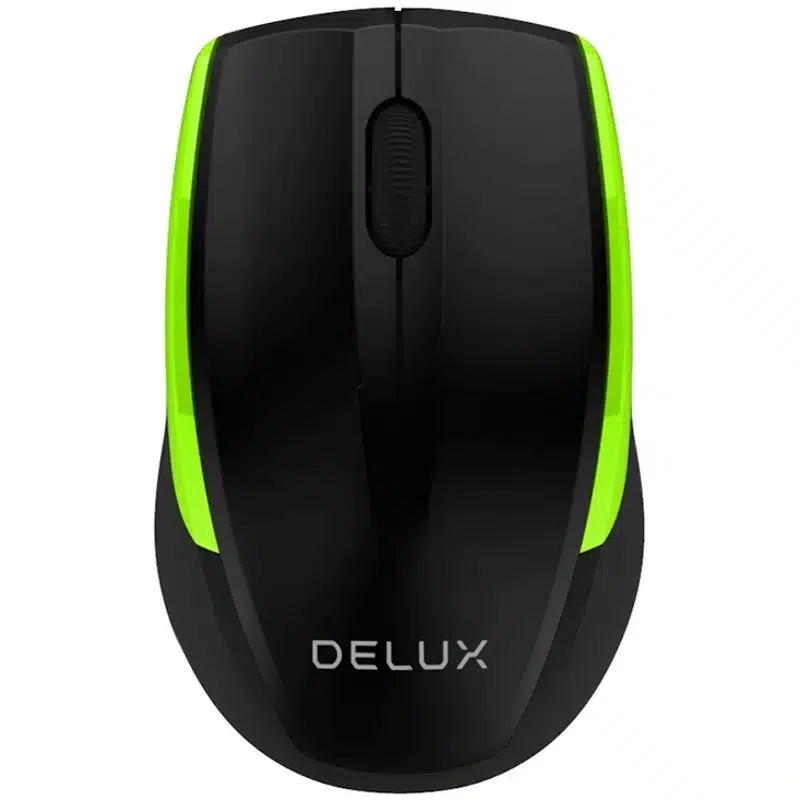 Компьютерная мышь Delux DLM-321OGB, Оптическая, 800/1000/1600 dpi,Беспроводная 2.4ГГц, Нано-ресивер, Эффективная дистанция 10 м., Чёрно-зелёный
