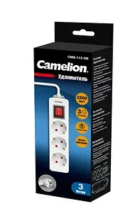 Удлинитель Camelion CMS-113-3M, 10A/250V, 3 розетки, 3 метра, 220-250В, 10А, картонная коробка, белый