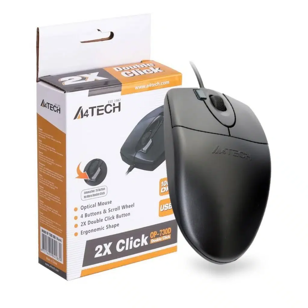 Мышь A4Tech OP-620D (1200 dpi, двойной клик, оптическая мышь, 4 кнопки, 1.5м, 5 млн. нажатий, Чёрная)