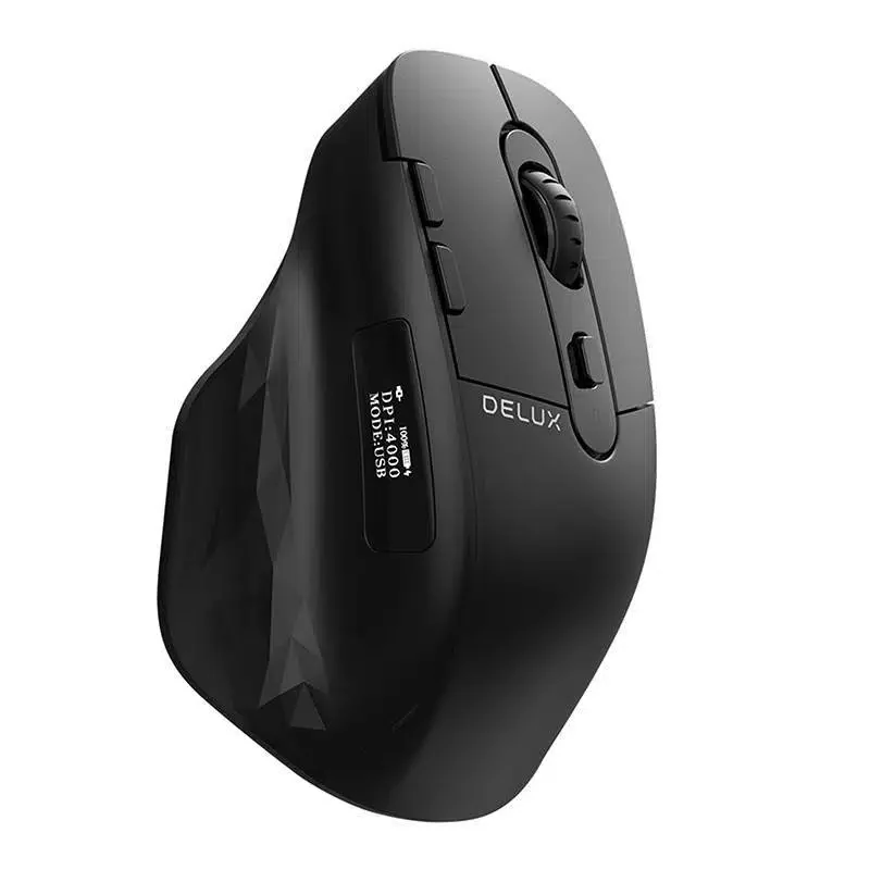 Мышь беспроводная+проводная эргономичная Delux M912DB USB, кабельT-C 1.6m, DPI:max4000, BT 5.0, OLED-экран, 8 кнопок, 1000mAh, Soft-каб/2,4G, чёрный