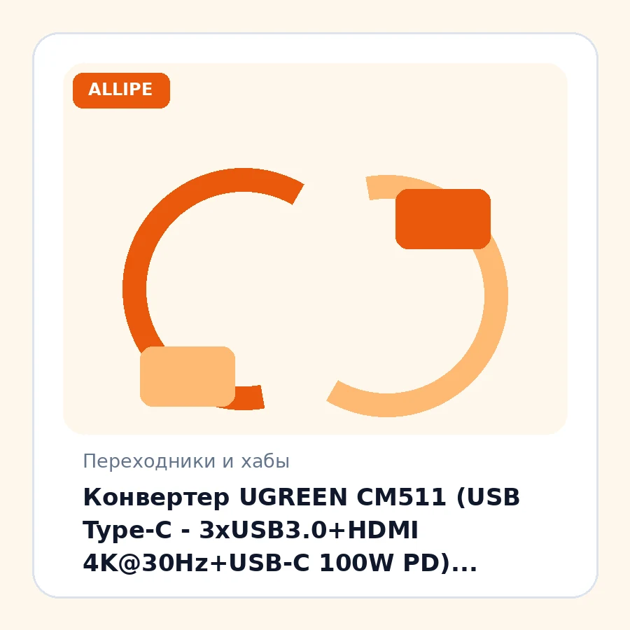 Конвертер UGREEN CM511 (USB Type-C - 3xUSB3.0+HDMI 4K@30Hz+USB-C 100W PD) серый15596