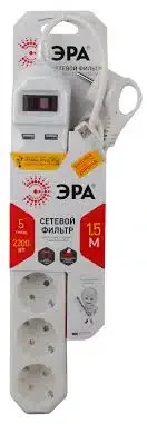 Сетевой фильтр ЭРА базовая защита 5гн 5 м ПВС 10А с/з с выкл белый