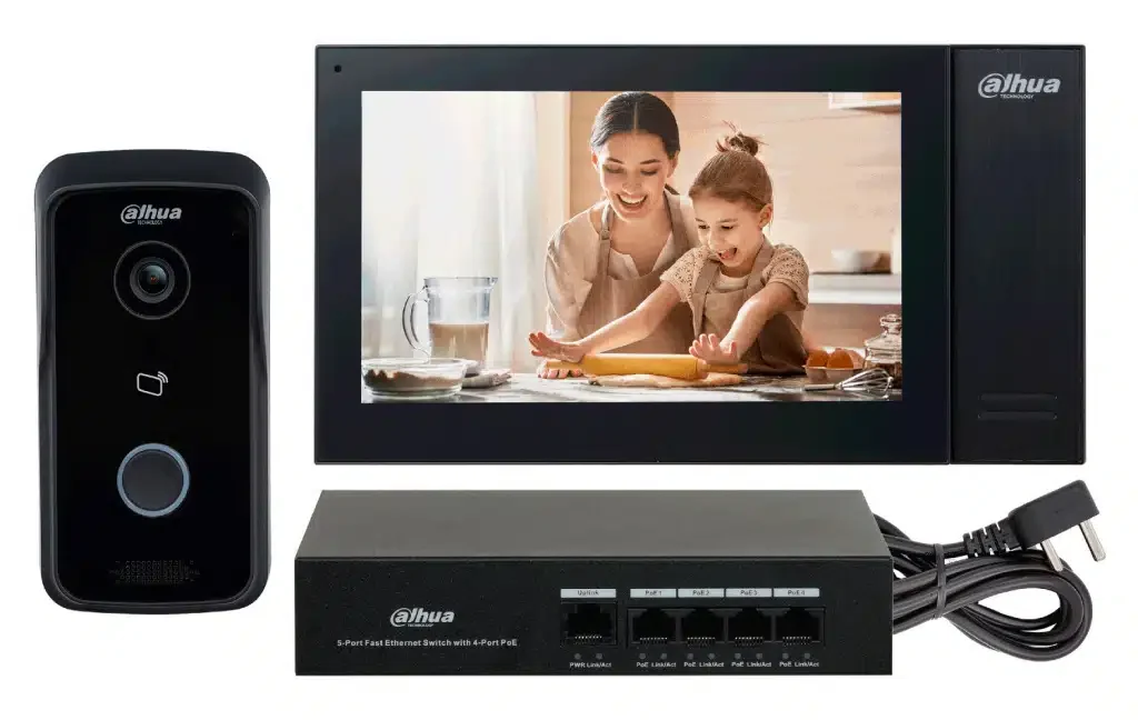 IP видеодомофон Dahua DHI-KTP02 комплект (DHI-VTO2111D-P-S2 + DHI-VTH2421FB-P + DH-PFS3005-4ET-36)