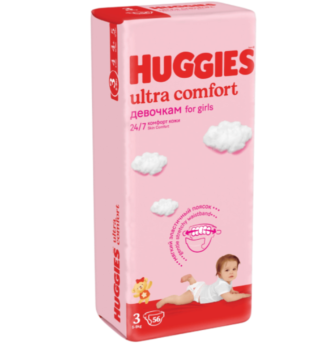 Подгузники детские Huggies Ultra Comfort 3р (до 5-9 кг ) для девочек 56 шт